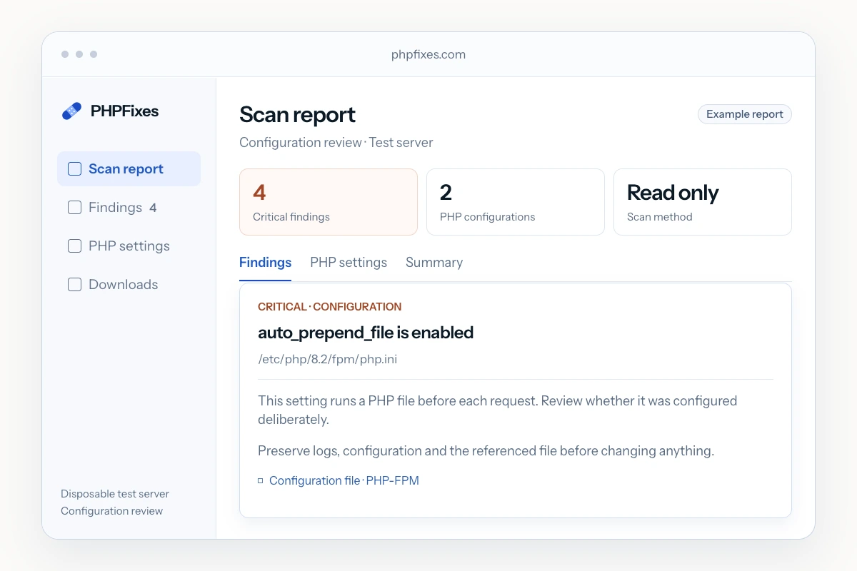 Example Scan report showing a PHP configuration finding