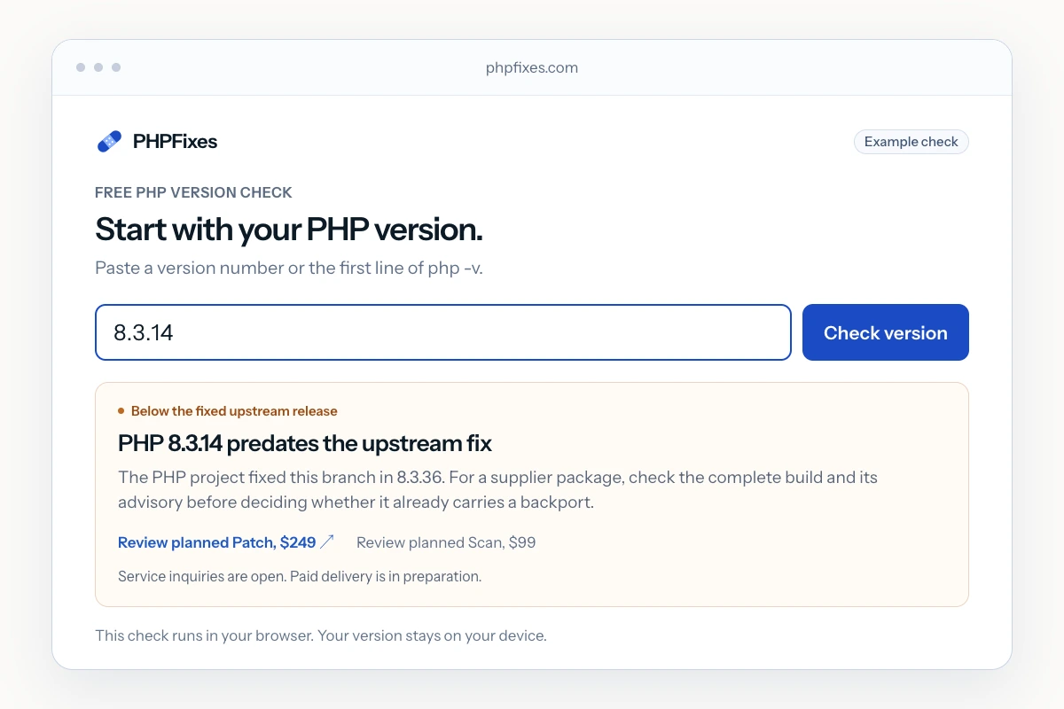Example PHP version check showing PHP 8.3.14 below the fixed upstream release